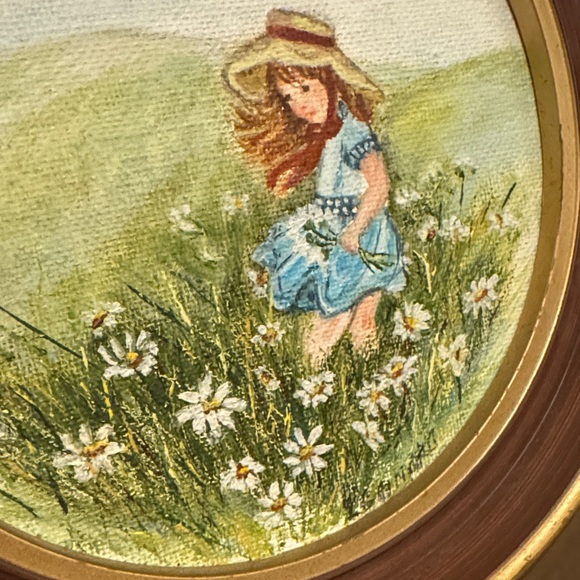 Vintage original art - girl picking Daisies, signed and framed. - Picture 2 of 3
